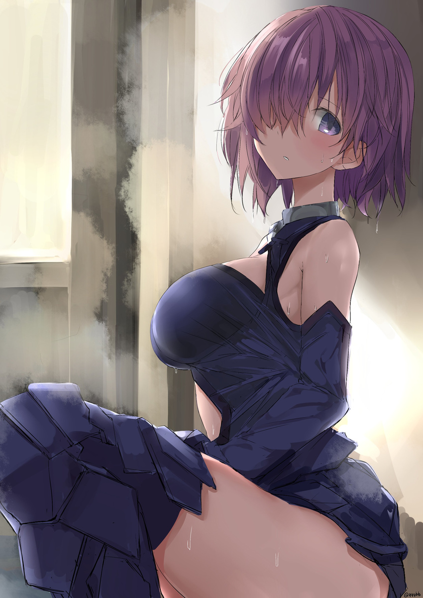 absurdres armor bangs bare_shoulders blue_legwear blue_leotard blue_skirt blush breasts cleavage_cutout detached_sleeves edogawa_nao fate/grand_order fate_(series) from_side gorget greaves hair_over_one_eye halterneck hand_on_lap head_tilt highres impossible_clothes indoors large_breasts leotard looking_at_viewer mash_kyrielight midriff miniskirt navel_cutout no_eyewear parted_lips pink_hair purple_eyes short_hair sideboob sitting skin_tight skirt solo steam sweat taut_clothes thighhighs thighs twitter_username