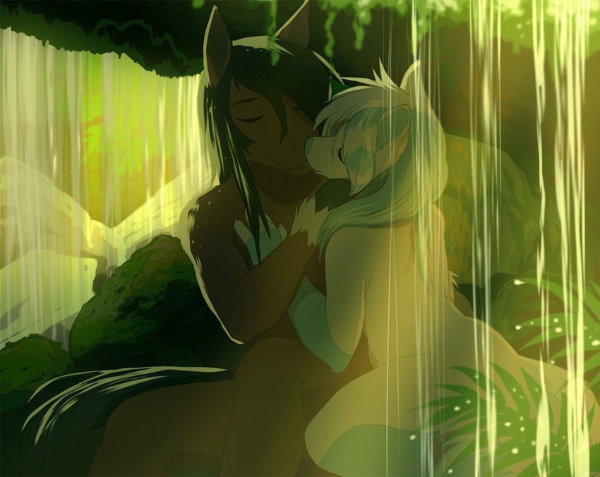 akitamonster anthro bare_back black_hair blue_hair blue_nose canine detailed_background dog duo equine female fur hair horse male mammal nude smile waterfall white_fur white_hair