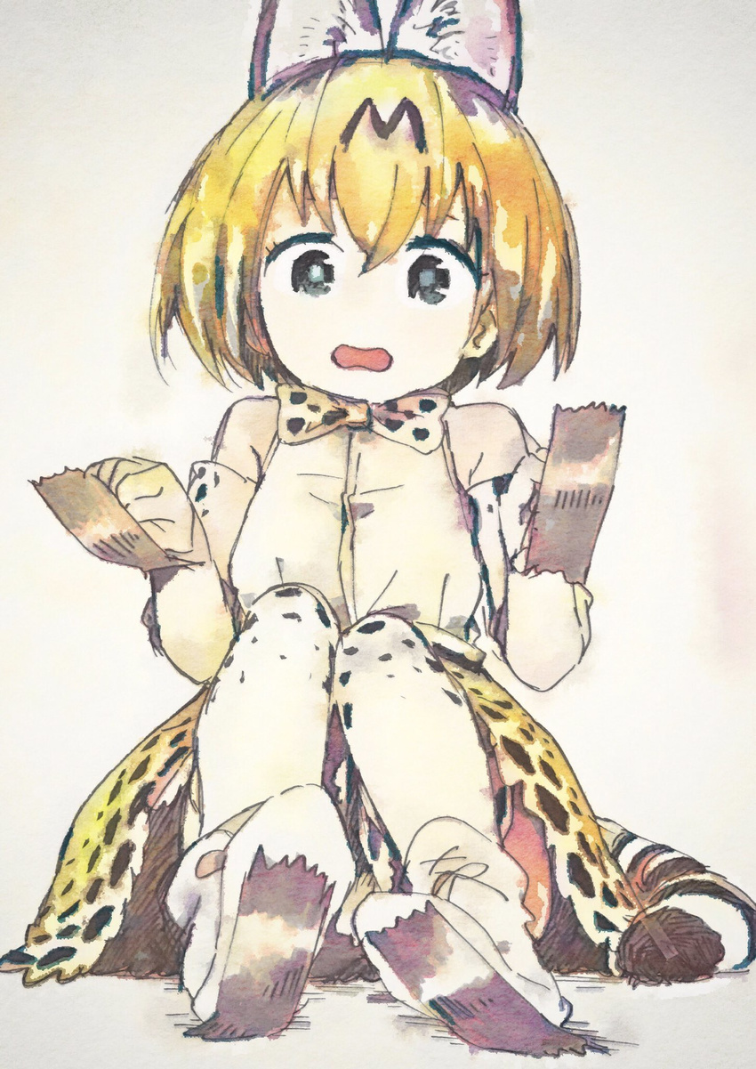 animal_ears black_eyes blonde_hair bow bowtie dress elbow_gloves full_body gloves highres kemono_friends mizu_asato open_mouth polka_dot polka_dot_legwear serval_(kemono_friends) serval_ears serval_print serval_tail simple_background sitting skirt sleeveless striped_tail tail tape thighhighs