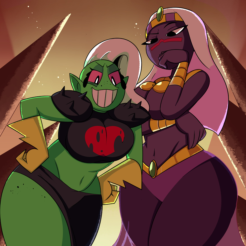 absurd_res alien black_skin clothed clothing duo female green_skin hair hi_res humanoid looking_at_viewer looney_tunes lord_dominator martian navel not_furry queen_tyr'ahnee smile superspoe thick_thighs wander_over_yonder warner_brothers white_hair wide_hips