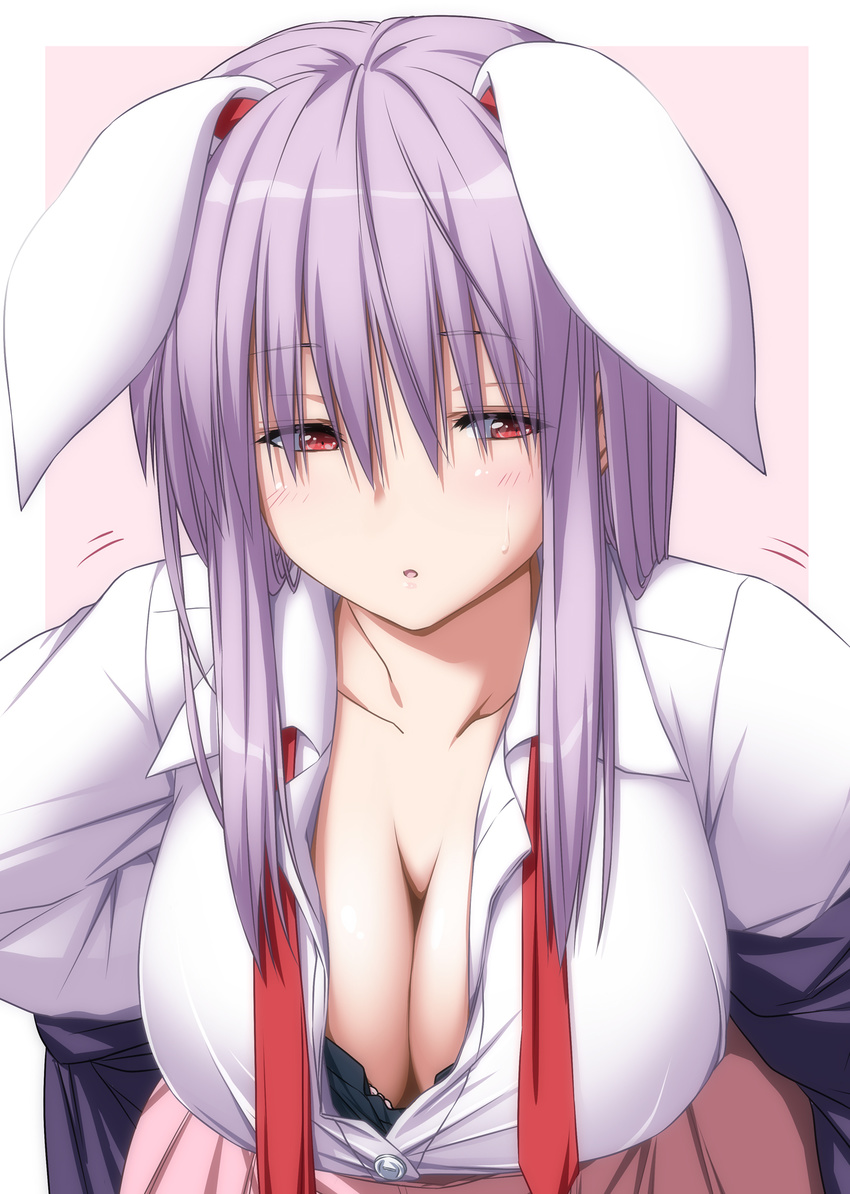 animal_ears bangs blush bra breasts bunny_ears bunny_girl cleavage collarbone extra_ears frown highres large_breasts long_hair looking_away no_nose nori_tamago pink_hair red_eyes reisen_udongein_inaba shiny shiny_hair solo straight_hair touhou unbuttoned underwear undressing