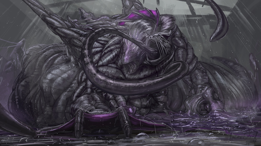 2017 2_heads 4_fingers absurd_res alien amalgamate_(themefinland) ambiguous_gender assimilation close-up detailed_background digital_media_(artwork) dragon duo forced foreshortening goo_creature helpless hi_res inside long_tongue merging multi_head naga nude open_mouth purple_skin raining reptile scales scalie sequence snake tentacle_monster tentacles themefinland tongue transformation webbed_hands