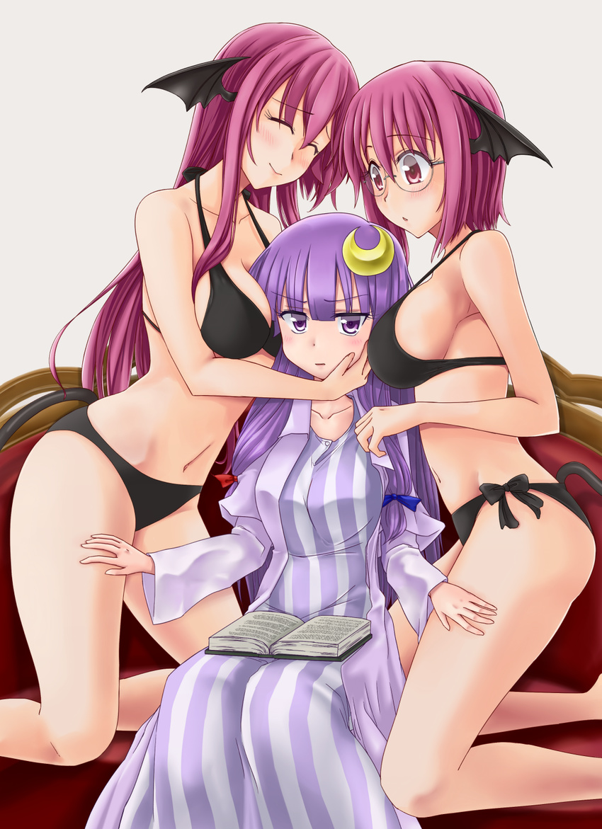 3girls :/ :| ^_^ alternate_costume alternate_hair_length alternate_hairstyle bat_wings bespectacled bikini black_bikini blush book breasts closed_eyes closed_mouth commentary_request couch crescent crescent_hair_ornament demon_tail dress dual_persona girl_sandwich glasses hair_ornament hand_on_another's_thigh hand_on_own_face head_wings highres kneeling koakuma large_breasts long_hair looking_at_another looking_at_viewer multiple_girls navel open_book patchouli_knowledge purple_dress purple_eyes purple_hair sandwiched short_hair side-tie_bikini sideboob sitting striped striped_dress swimsuit tail touhou vertical_stripes very_long_hair wings yuri