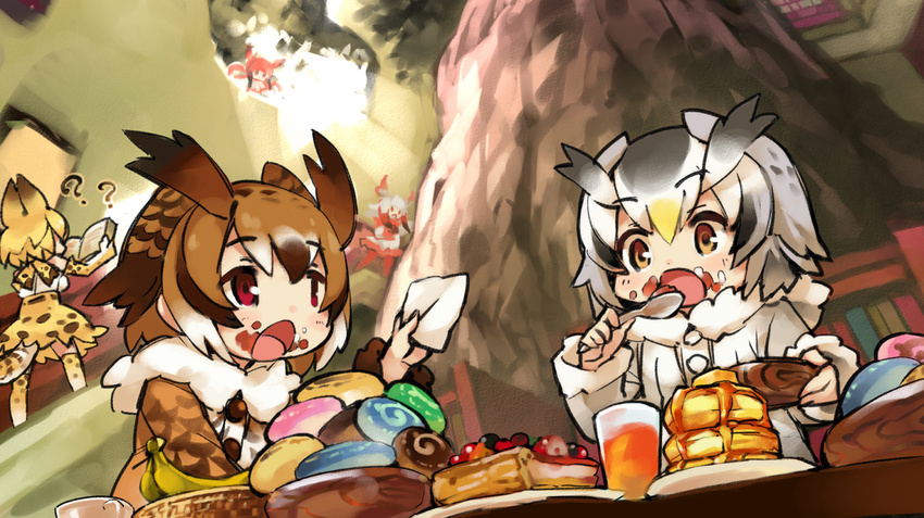 ?? animal_ears banana black_hair blonde_hair blueberry book bookshelf brown_eyes brown_hair butter commentary_request cup drinking_glass eating elbow_gloves eurasian_eagle_owl_(kemono_friends) food food_on_face fruit fruit_pie gloves head_wings high-waist_skirt holding holding_book holding_spoon indoors itsuki_tasuku japanese_crested_ibis_(kemono_friends) japari_bun kemono_friends long_sleeves looking_at_another multicolored_hair multiple_girls napkin northern_white-faced_owl_(kemono_friends) open_book open_mouth pancake pantyhose plate red_eyes red_hair red_legwear scarlet_ibis_(kemono_friends) serval_(kemono_friends) serval_ears serval_print serval_tail shirt skirt sleeveless sleeveless_shirt slice_of_pie spoon stack_of_pancakes stairs standing strawberry striped_tail sunlight syrup tail teacup thighhighs tree white_hair white_shirt
