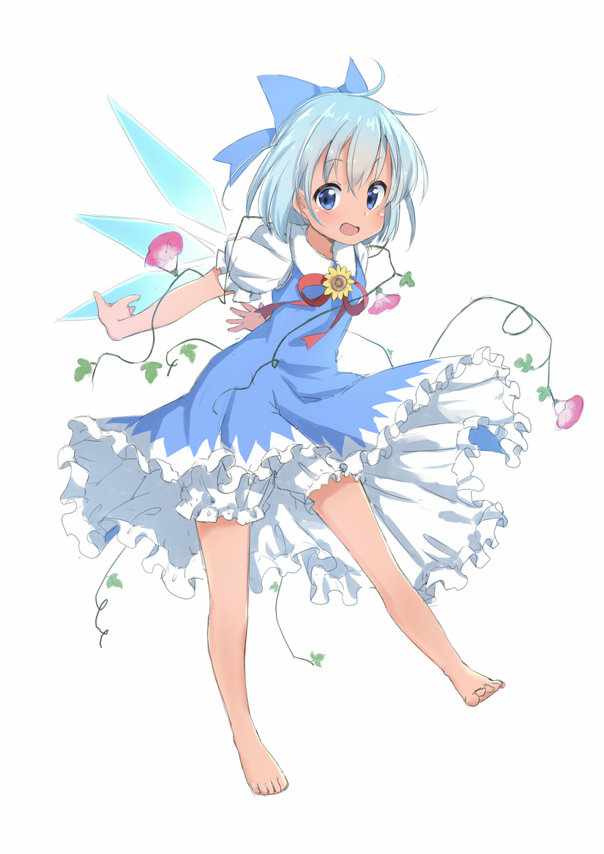 barefoot blue_bow blue_dress blue_eyes blue_hair blush bow cirno commentary_request convolvulus dress fang flower frilled_dress frills hair_bow hidden_star_in_four_seasons highres ice ice_wings looking_at_viewer open_mouth puffy_short_sleeves puffy_sleeves sekira_ame short_hair short_sleeves smile solo sunflower tan tanned_cirno touhou wings