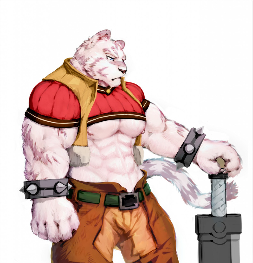 armor blue_eyes bracers clothed clothing dust_yang feline fur grimoire_of_zero mammal melee_weapon mercenary_(character) midriff muscular nipples scar simple_background striped_fur stripes sword tiger weapon white_background white_fur