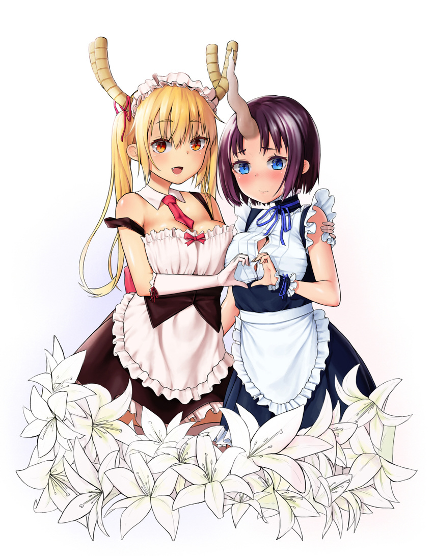 :d agnamore alternate_costume apron bare_shoulders blonde_hair blue_eyes blush breasts button_gap detached_collar elbow_gloves elma_(maidragon) embarrassed enmaided eyebrows_visible_through_hair fang flower gloves hand_on_another's_shoulder heart heart_hands heart_hands_duo highres horn horn_ribbon horns kobayashi-san_chi_no_maidragon large_breasts lily_(flower) long_hair looking_at_viewer maid maid_headdress multiple_girls necktie open_mouth orange_eyes purple_hair ribbon ribbon-trimmed_gloves ribbon_trim short_hair simple_background sleeveless smile tintin tooru_(maidragon) waist_apron white_background white_gloves wrist_cuffs
