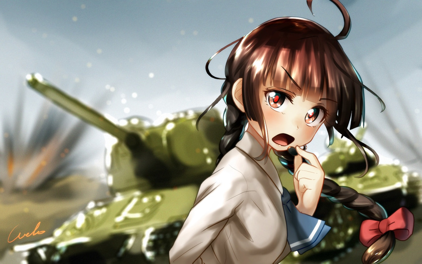 ahoge ascot bangs blunt_bangs blurry blurry_background bow braid brown_eyes brown_hair collared_shirt explosion eyebrows_visible_through_hair ground_vehicle hair_bow hand_to_own_mouth headset long_hair long_sleeves looking_at_viewer military military_vehicle motor_vehicle open_mouth rika_(touhou) shirt solo t-34-85 tank touhou touhou_(pc-98) twin_braids upper_body welt_(kinsei_koutenkyoku) white_shirt