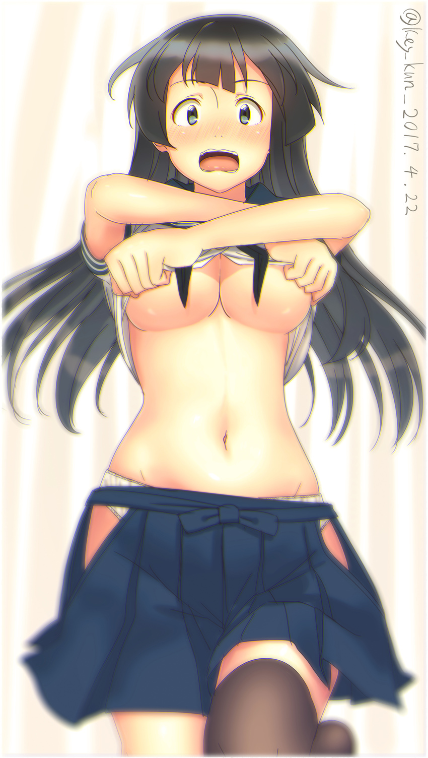absurdres agano_(kantai_collection) alternate_costume aqua_eyes black_hair blue_skirt breasts commentary_request dated highres kantai_collection key_kun knee_up large_breasts long_hair navel open_mouth panties pleated_skirt scan shiny shiny_hair shirt_lift simple_background single_thighhigh skindentation skirt solo stomach surprised thighhighs twitter_username underboob underwear white_panties