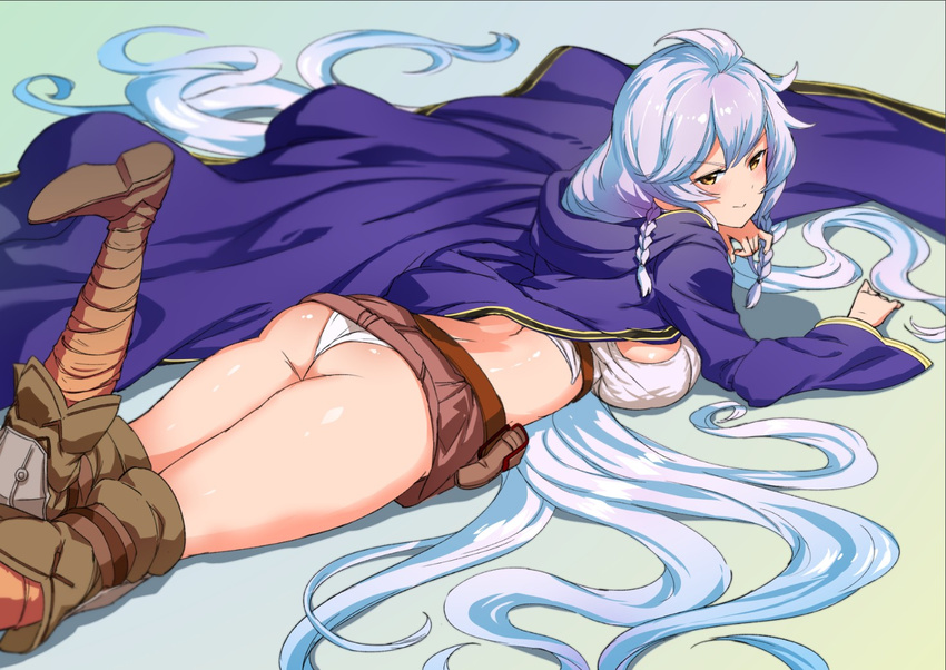 absurdly_long_hair ahoge ass belt braid breast_press breasts cape commentary crop_top crystal_shoujo eyebrows_visible_through_hair feet_out_of_frame granblue_fantasy hair_between_eyes large_breasts long_hair looking_at_viewer lying midriff on_stomach panties pantyshot pantyshot_(lying) silva_(granblue_fantasy) silver_hair skirt skirt_lift smile solo thighs twin_braids underwear very_long_hair yellow_eyes