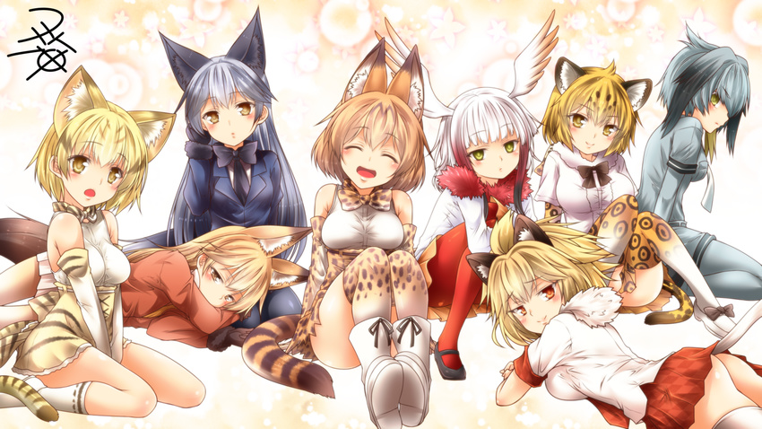 :d ^_^ animal_ears ass bangs bare_shoulders black_gloves black_hair black_legwear blonde_hair blunt_bangs blush boots bow bowtie breasts cat_ears cat_tail closed_eyes commentary_request elbow_gloves eyebrows_visible_through_hair ezo_red_fox_(kemono_friends) fox_ears fox_tail fur_collar fur_trim gloves grey_hair grey_legwear grey_shirt grey_shorts hair_between_eyes head_wings high-waist_skirt highres jacket jaguar_(kemono_friends) jaguar_ears japanese_crested_ibis_(kemono_friends) kemono_friends lap_pillow lion_(kemono_friends) lion_ears lion_tail long_hair long_sleeves looking_at_viewer lying mary_janes medium_breasts multicolored_hair multiple_girls necktie no_panties on_side on_stomach open_mouth pantyhose pleated_skirt red_hair red_legwear sand_cat_(kemono_friends) serval_(kemono_friends) serval_ears serval_print serval_tail shirt shoebill_(kemono_friends) shoes short_hair short_sleeves shorts silver_fox_(kemono_friends) silver_hair sitting skirt sleeveless sleeveless_shirt smile streaked_hair striped_tail tail thighhighs two-tone_hair v_arms white_hair white_legwear white_shirt yellow_eyes yua_(checkmate)