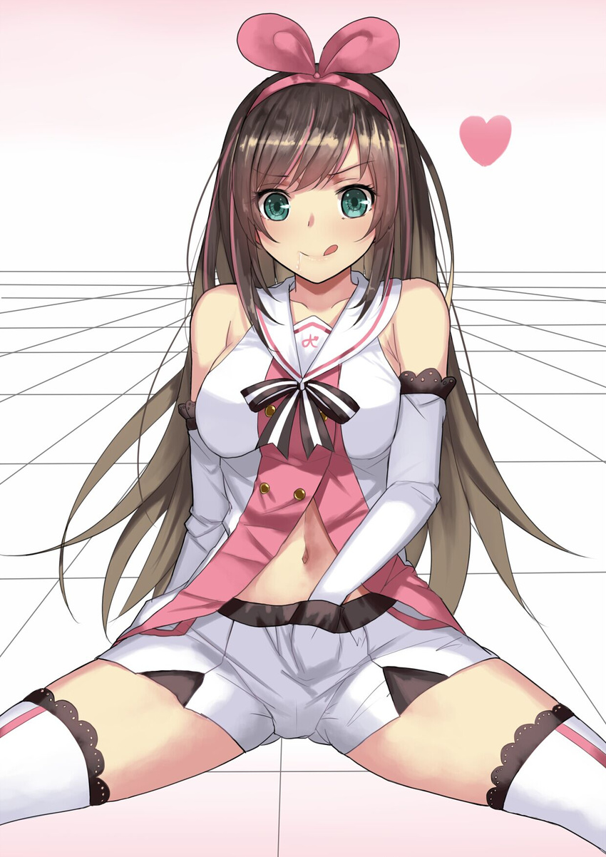 ;q a.i._channel blue_eyes blush bow breasts brown_hair commentary_request drooling fingering hair_bow hairband hand_under_clothes hand_under_shorts highres kizuna_ai long_hair looking_at_viewer masturbation medium_breasts multicolored_hair navel one_eye_closed pink_bow sailor_collar saliva shorts smile solo spread_legs tongue tongue_out virtual_youtuber weiyinji_xsk