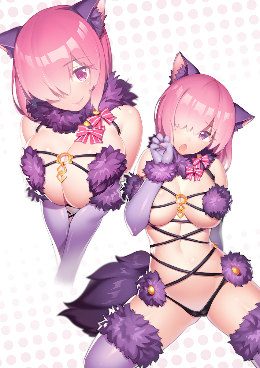 animal_ears ass breast_press breasts dangerous_beast elbow_gloves fake_animal_ears fang fang_out fate/grand_order fate_(series) fiodo fur_trim gloves groin hair_over_one_eye halloween_costume head_tilt highres large_breasts lips looking_at_viewer mash_kyrielight multiple_views navel purple_eyes purple_gloves purple_hair purple_legwear revision short_hair tail thighhighs v_arms wolf_ears wolf_tail