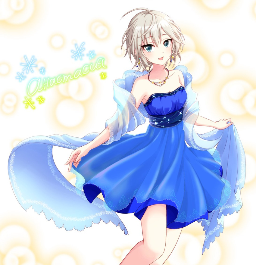 anastasia_(idolmaster) bare_shoulders blue_dress blue_eyes breasts character_name cleavage cyrillic dress idolmaster idolmaster_cinderella_girls jewelry looking_at_viewer medium_breasts necklace popon_ta shawl short_hair silver_hair smile solo