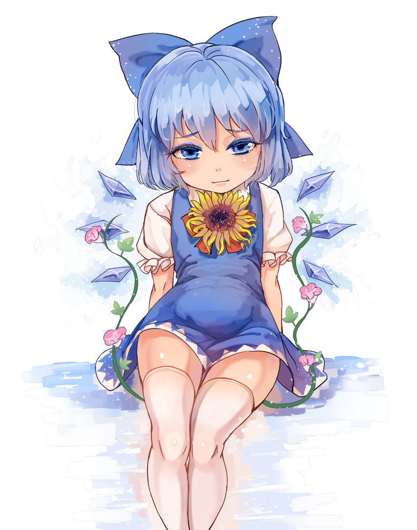 :3 arms_at_sides bangs belly blue_dress blue_eyes blue_hair blush bow cirno colored_eyelashes convolvulus dress eyebrows_visible_through_hair flower frilled_sleeves frills hair_between_eyes hair_bow head_tilt hidden_star_in_four_seasons highres ice ice_wings light_smile looking_at_viewer mofashi_beibei plant reflection shiny shiny_skin shirt short_dress short_hair sitting sleeveless sleeveless_dress solo sunflower tanned_cirno thighhighs touhou vines white_legwear white_shirt wings zettai_ryouiki