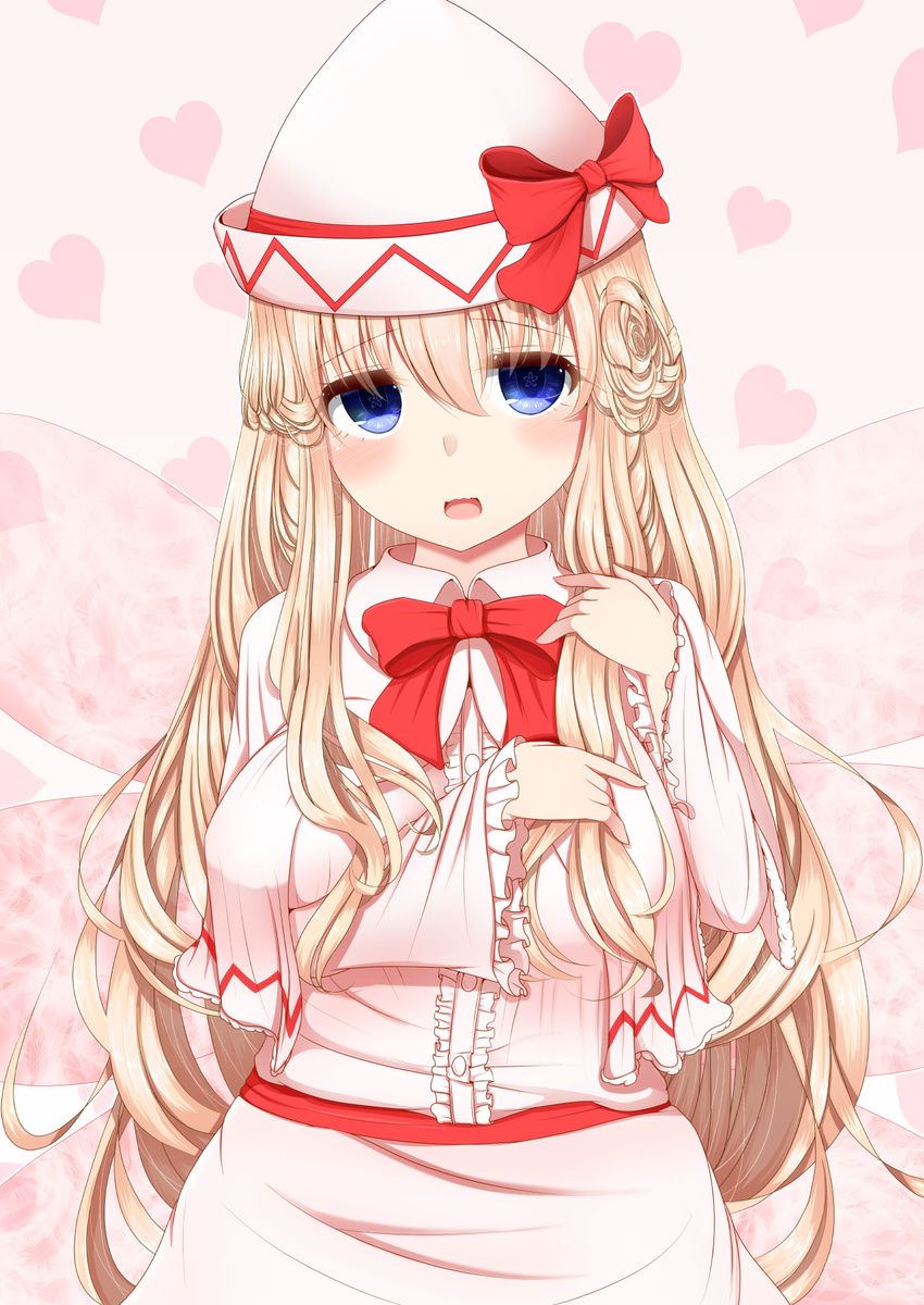 bad_id bad_pixiv_id bangs blonde_hair blue_eyes bow bowtie breasts capelet center_frills dress fairy_wings hair_between_eyes hat hat_bow heart highres large_breasts lily_white long_hair long_sleeves looking_at_viewer red_bow red_neckwear shiro_oolong-cha smile solo touhou very_long_hair white_dress white_hat wings