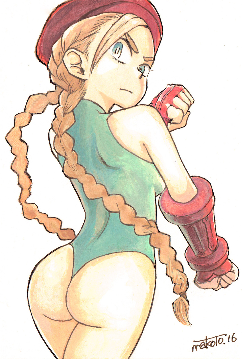 &gt;:( antenna_hair ass back bare_legs bare_shoulders beret blonde_hair blue_eyes braid bright_pupils cammy_white clenched_hands cowboy_shot eyebrows fingerless_gloves from_behind frown gloves green_leotard hand_up hat highleg highleg_leotard highres leotard long_hair looking_at_viewer looking_back outstretched_arm serious signature simple_background sleeveless solo street_fighter takatsu_makoto thong_leotard twin_braids v-shaped_eyebrows white_background