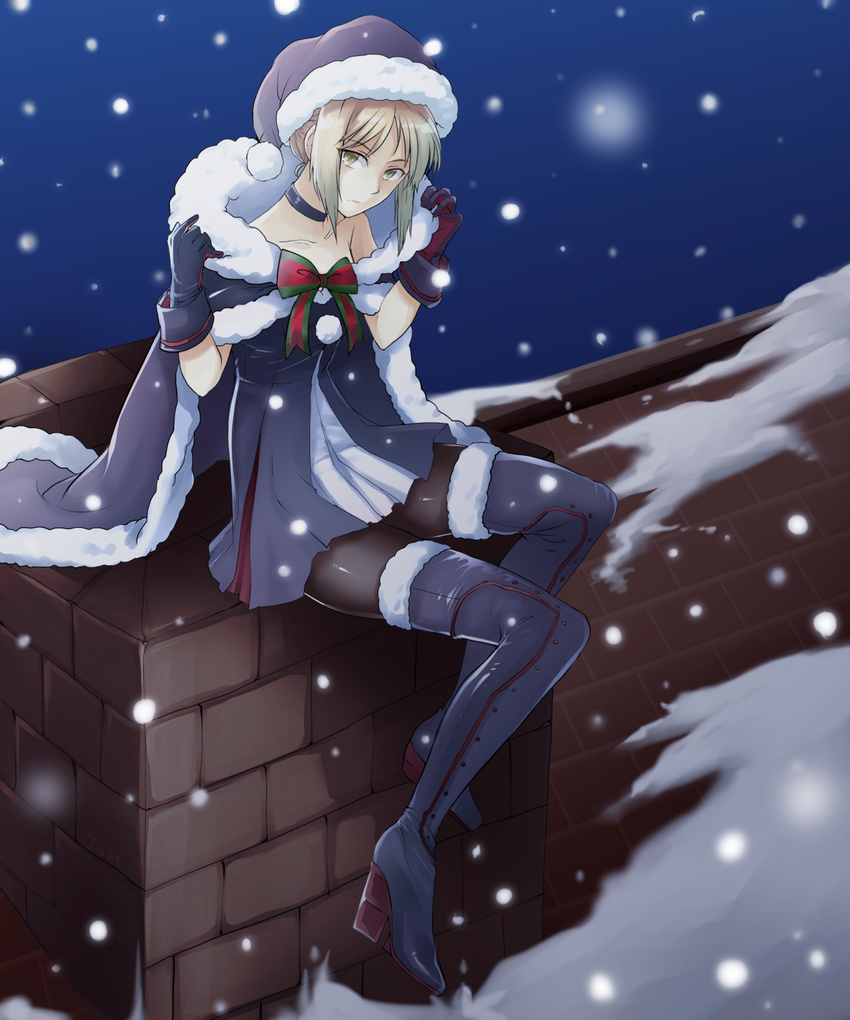 artoria_pendragon_(all) bare_shoulders black_legwear blonde_hair boots cape chimney choker fate/grand_order fate_(series) fur-trimmed_boots fur-trimmed_cape fur_trim gloves hat high_heel_boots high_heels highres looking_at_viewer moriyama_ei pantyhose rooftop santa_alter santa_hat snow snowing solo thigh_boots thighhighs yellow_eyes
