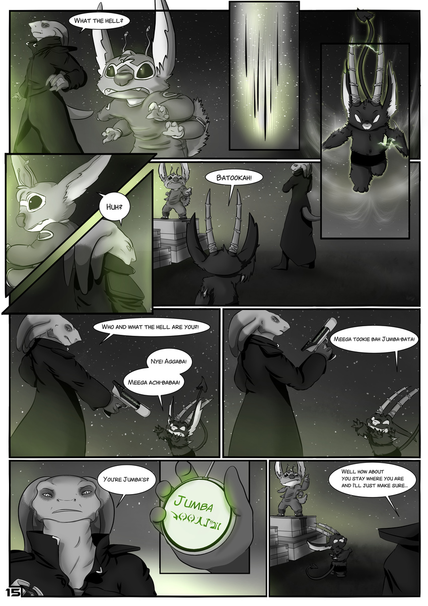 absurd_res alien bioluminescence chance_(experiment) comic disney english_text evilbunnyking experiment_(species) glowing gun hi_res lilo_and_stitch petresko_(character) ranged_weapon seyloid text tsuki_akurei weapon