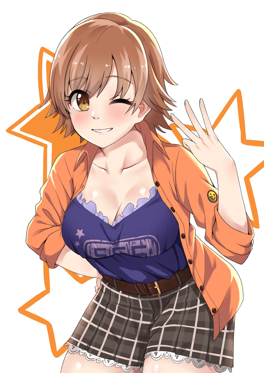 belt blush breasts brown_eyes brown_hair cleavage emoticon highres honda_mio idolmaster idolmaster_cinderella_girls jacket large_breasts long_sleeves open_clothes open_jacket short_hair skirt smile solo spicy_moo star