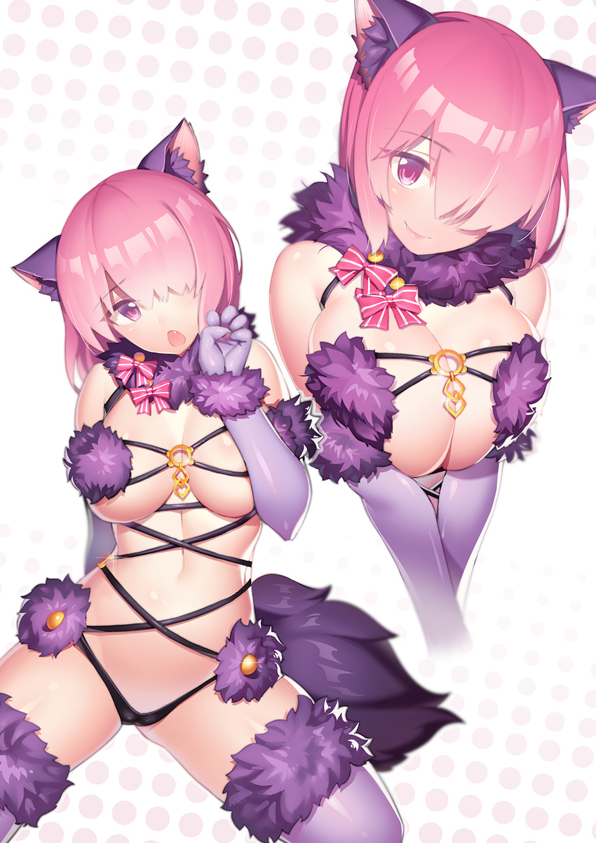 animal_ears ass bad_id bad_pixiv_id breast_press breasts dangerous_beast elbow_gloves fake_animal_ears fang fang_out fate/grand_order fate_(series) fiodo fur_trim gloves groin hair_over_one_eye halloween_costume head_tilt highres large_breasts lips looking_at_viewer mash_kyrielight multiple_views navel purple_eyes purple_gloves purple_hair purple_legwear short_hair tail thighhighs v_arms wolf_ears wolf_tail