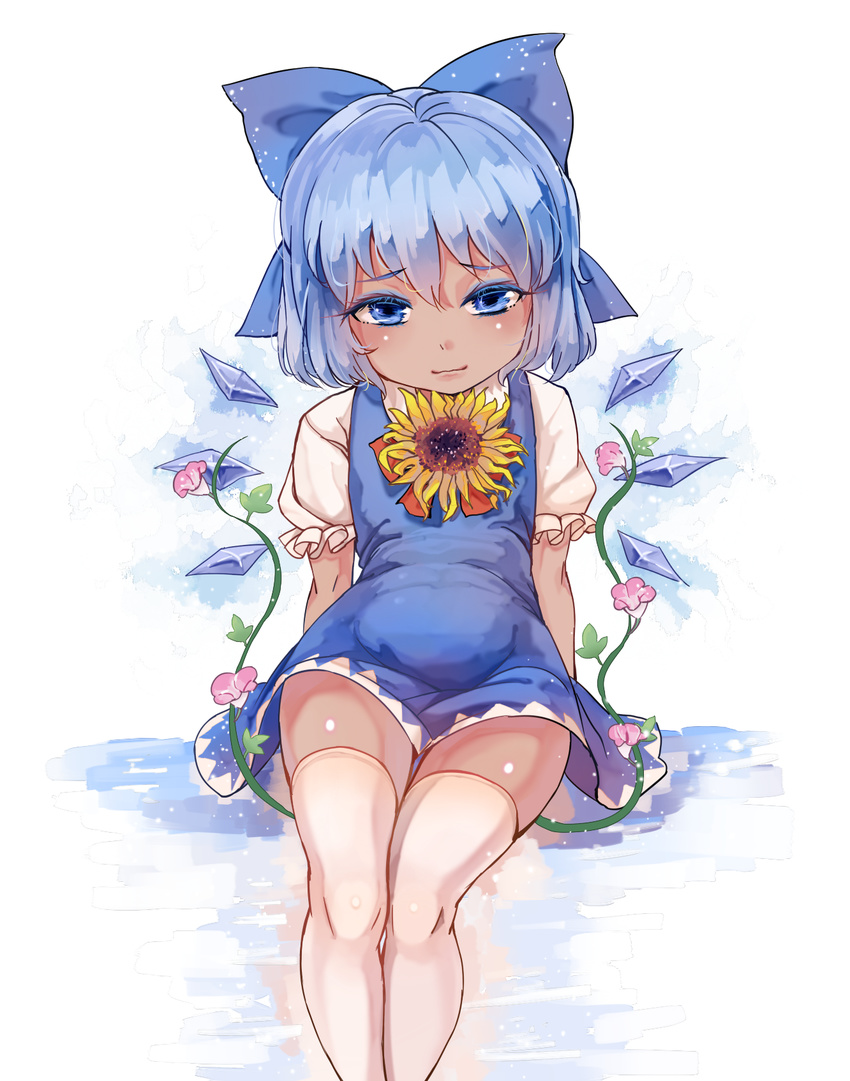 :3 arms_at_sides bangs belly blue_dress blue_eyes blue_hair blush bow cirno colored_eyelashes convolvulus dark_skin dress eyebrows_visible_through_hair flower frilled_sleeves frills hair_between_eyes hair_bow head_tilt hidden_star_in_four_seasons highres ice ice_wings light_smile looking_at_viewer mofashi_beibei plant reflection shiny shiny_skin shirt short_dress short_hair sitting sleeveless sleeveless_dress solo sunflower tanned_cirno thighhighs touhou vines white_legwear white_shirt wings zettai_ryouiki