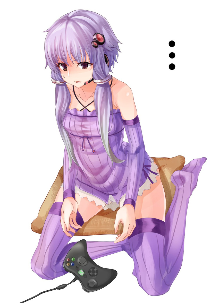 1girl bangs bare_shoulders breasts brown_eyes collarbone commentary_request controller detached_sleeves dress full_body game_console game_controller hair_ornament highres no_shoes parted_lips protected_link purple_dress purple_hair purple_legwear shio_pasta short_dress short_hair_with_long_locks sidelocks sitting small_breasts solo strapless strapless_dress striped striped_legwear sweat thighhighs tube_dress vertical-striped_legwear vertical_stripes vocaloid voiceroid xbox yokozuwari yuzuki_yukari