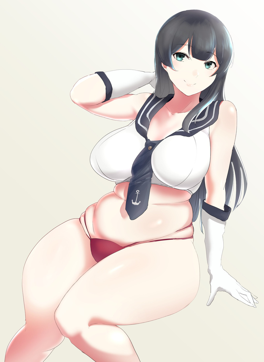 absurdres agano_(kantai_collection) aqua_eyes arm_support between_breasts black_hair breasts closed_mouth collarbone elbow_gloves eyebrows_visible_through_hair fat_folds gloves grey_background hand_behind_head highres hometa kantai_collection large_breasts long_hair looking_at_viewer necktie necktie_between_breasts panties plump red_panties sailor_collar simple_background sitting skindentation smile solo underwear white_gloves