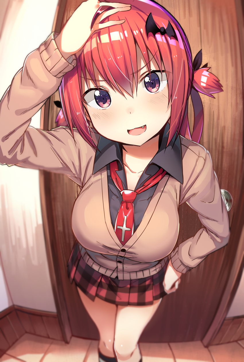 :3 :d absurdres arm_up black_shirt breasts cardigan dress_shirt eyebrows_visible_through_hair fang fisheye foreshortening gabriel_dropout greatmosu hair_ornament hand_on_headwear highres indoors kneehighs kurumizawa_satanichia_mcdowell large_breasts necktie open_mouth plaid plaid_skirt pleated_skirt purple_eyes red_hair school_uniform shirt short_twintails skirt smile solo twintails
