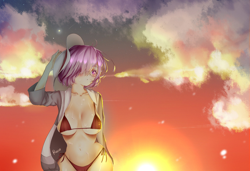 arm_up artist_name backlighting bikini breasts breasts_apart chestnut_mouth cloud cloudy_sky collarbone eyebrows_visible_through_hair fate_(series) glasses grey_jacket groin hair_over_one_eye hand_on_headwear hat highres jacket long_sleeves looking_at_viewer mash_kyrielight medium_breasts navel open_clothes open_jacket orange_sky outdoors purple_eyes purple_hair red_bikini rono shiny shiny_skin short_hair side-tie_bikini signature sky solo star_(sky) starry_sky stomach sun sun_hat sunlight sunset sweat swimsuit white_hat wide_hips