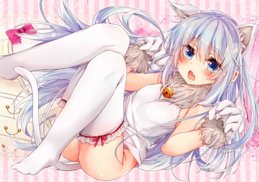 :o alternate_costume animal_ears ass bare_shoulders bell blue_eyes blue_hair blush bottomless bow breasts cat_ears cat_tail commentary_request eyebrows_visible_through_hair frilled_legwear fur-trimmed_gloves fur_trim gloves hibiki_(kantai_collection) jingle_bell kantai_collection legs_up long_hair looking_at_viewer lying no_shoes on_back paw_pose pink_bow red_ribbon ribbon rouka_(akatyann) shelf shiny shiny_hair shiny_skin sleeveless small_breasts solo striped striped_background tail thighhighs thighs tsurime vertical-striped_background vertical_stripes very_long_hair white_legwear