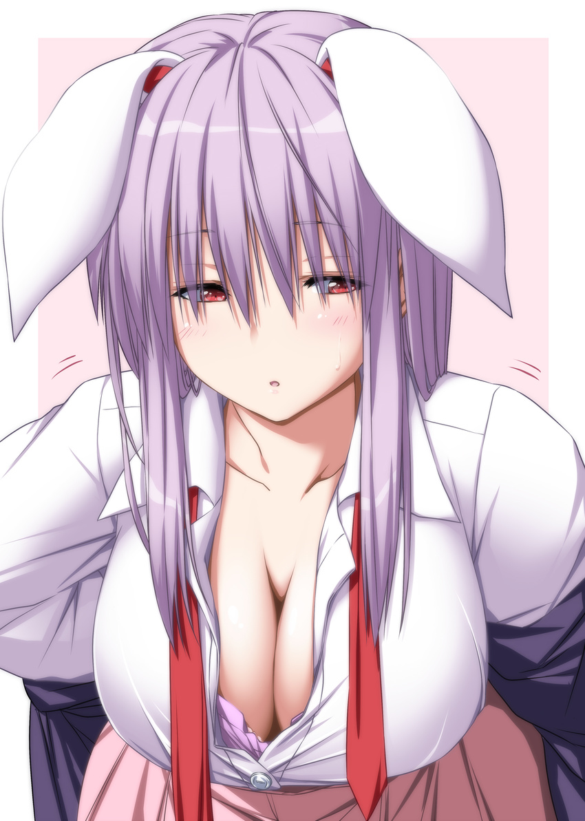 animal_ears bangs blazer blush bra breasts bunny_ears bunny_girl cleavage collarbone dress_shirt extra_ears eyebrows_visible_through_hair frown highres jacket large_breasts long_hair looking_away necktie no_nose nori_tamago purple_hair red_eyes red_neckwear reisen_udongein_inaba revision shiny shiny_hair shirt solo straight_hair touhou unbuttoned underwear undressing white_shirt