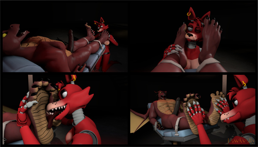 3d_artwork bdsm bondage bound claws domination feet five_nights_at_freddy foot_fetish foxy hawkvally licking paws slave tickling toes tongue tongue_out