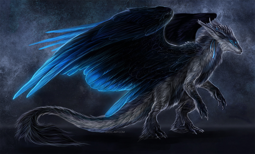 black_feathers blue_eyes blue_feathers claws dragon feathered_dragon feathers feral fur furred_dragon grey_fur horn isvoc simple_background solo