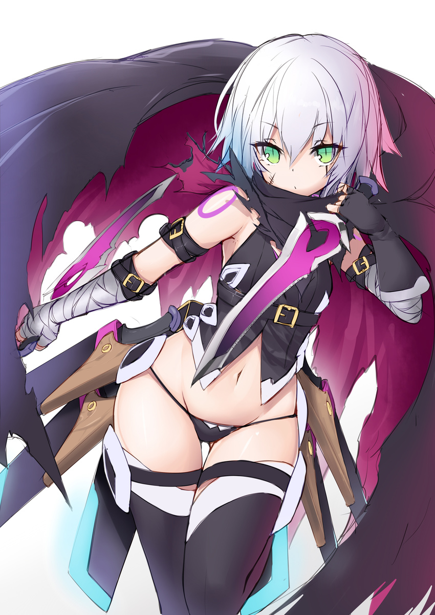 absurdres bandaged_arm bandages belt black_belt black_gloves black_legwear black_panties cape chabaneko crop_top dagger dual_wielding fate/apocrypha fate_(series) fingerless_gloves gloves green_eyes groin highres holding jack_the_ripper_(fate/apocrypha) looking_at_viewer navel panties scar scar_across_eye short_hair shoulder_tattoo silver_hair solo standing tattoo thighhighs torn_clothes underwear weapon