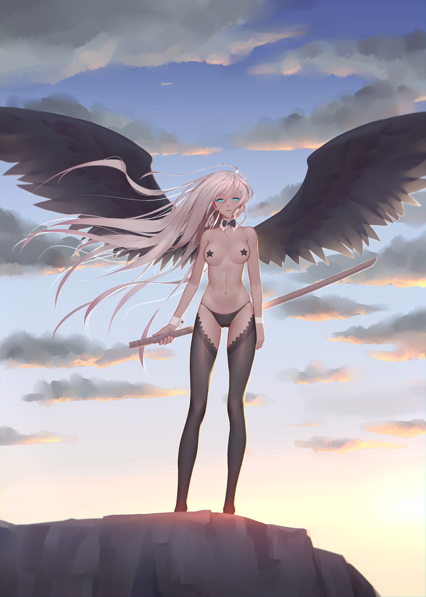 absurdres aqua_eyes backlighting black_legwear black_panties black_wings blonde_hair blue_eyes bow bowtie breasts cliff cloud detached_collar feathered_wings floating_hair highres holding holding_sword holding_weapon lace lace-trimmed_thighhighs long_hair looking_at_viewer maredoro medium_breasts navel original outdoors panties pasties silver_hair sky solo spread_wings standing star_pasties sunrise sword thigh_gap thighhighs underwear underwear_only very_long_hair weapon wind wings wooden_sword wrist_cuffs