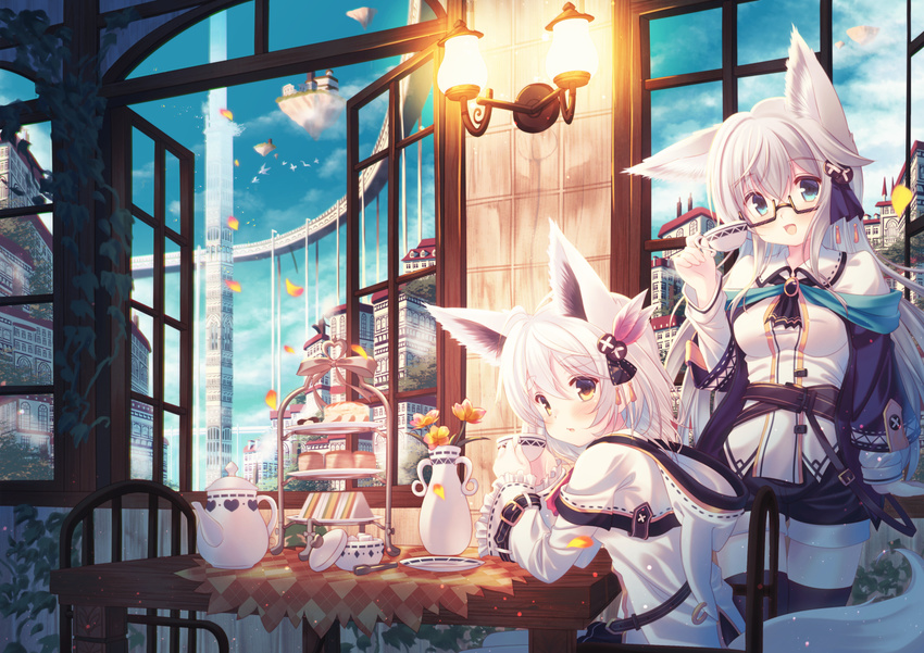 animal_ears bangs black_legwear blush capelet chair commentary_request cup day eyebrows_visible_through_hair fantasy floating_island food_stand fox_ears fox_girl fox_tail glasses grey_hair hair_between_eyes hand_up holding holding_cup indoors jacket long_hair long_sleeves looking_at_viewer looking_back misaki_yuu multiple_girls open_mouth original parted_lips petals plate semi-rimless_eyewear smile standing sugar_bowl sugar_cube table tablecloth tail teacup teapot thick_eyebrows thighhighs tiered_tray town under-rim_eyewear vase white_hair window