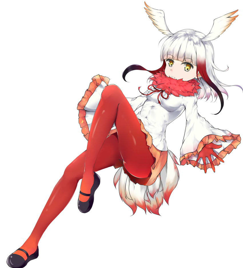 absurdres bangs bird_tail black_footwear blunt_bangs breasts buttons closed_mouth collar eyebrows_visible_through_hair frilled_sleeves frills full_body fur_collar gloves gradient_hair head_wings highres japanese_crested_ibis_(kemono_friends) kemono_friends knee_up leg_up long_hair long_sleeves looking_at_viewer mary_janes midair miniskirt multicolored_hair neck_ribbon outstretched_arms pantyhose pleated_skirt red_gloves red_hair red_legwear red_ribbon red_skirt ribbon shirt shoes sidelocks silver_hair simple_background skirt sleeves_past_wrists small_breasts solo spread_fingers tail two-tone_hair wecna white_background white_shirt wide_sleeves wings yellow_eyes