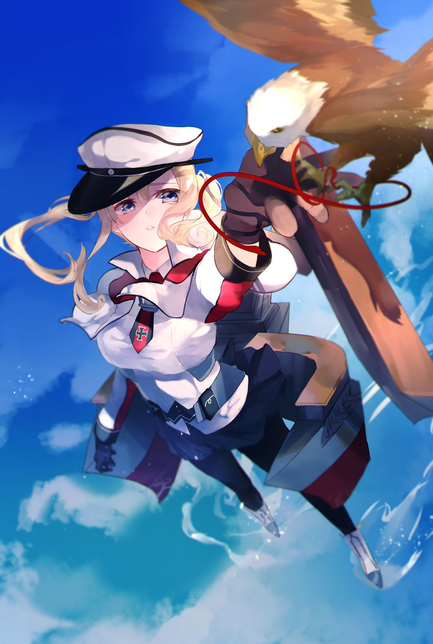 bird black_gloves black_legwear blonde_hair breasts capelet commentary_request cross eagle flight_deck from_above gloves graf_zeppelin_(kantai_collection) grey_eyes hair_between_eyes hat highres impossible_clothes iron_cross jacket kantai_collection large_breasts long_hair long_sleeves machinery military military_hat military_uniform miniskirt miwano_ragu necktie ocean outstretched_arm pantyhose peaked_cap red_ribbon reflection ribbon rigging shaded_face sidelocks skirt solo twintails uniform white_hat
