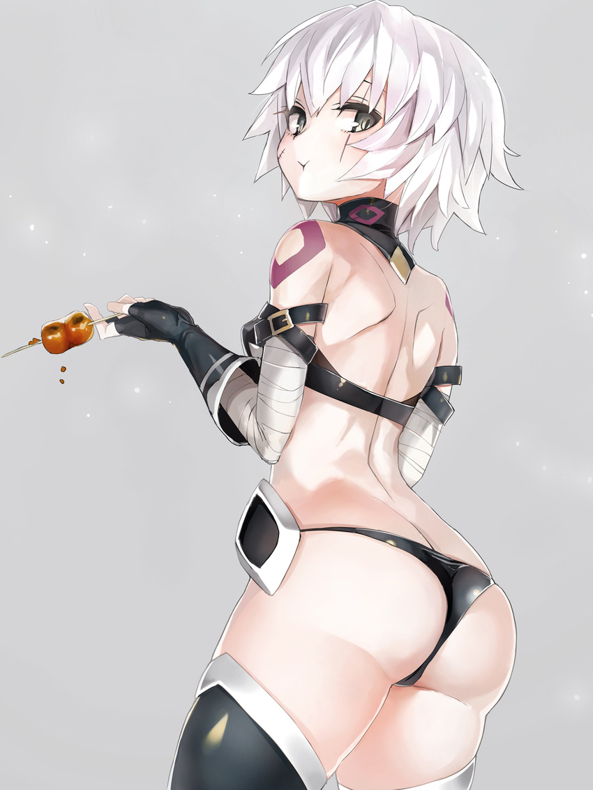 :t arched_back arm_belt ass back bandaged_arm bandages bangs bare_back bare_shoulders bikini black_bikini black_footwear black_gloves boots breasts buckle butt_crack closed_mouth cowboy_shot dango detached_collar eating elbow_gloves facial_scar fate/grand_order fate_(series) fingerless_gloves food from_behind gloves green_eyes grey_background highres holding holding_food jack_the_ripper_(fate/apocrypha) looking_at_viewer scar scar_across_eye short_hair shoulder_blades shoulder_tattoo silver_hair simple_background small_breasts solo standing swimsuit taishi_(picchiridou) tattoo thigh_boots thighhighs tsurime wagashi