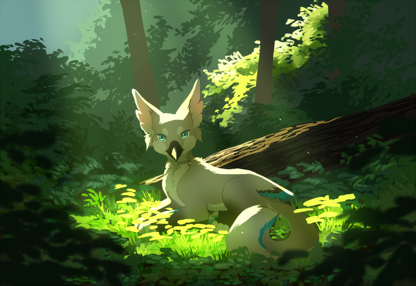akitamonster ambiguous_gender beak black_beak blue_eyes detailed_background feral forest fur grass grey_fur looking_at_viewer lying paws solo tree unknown_species