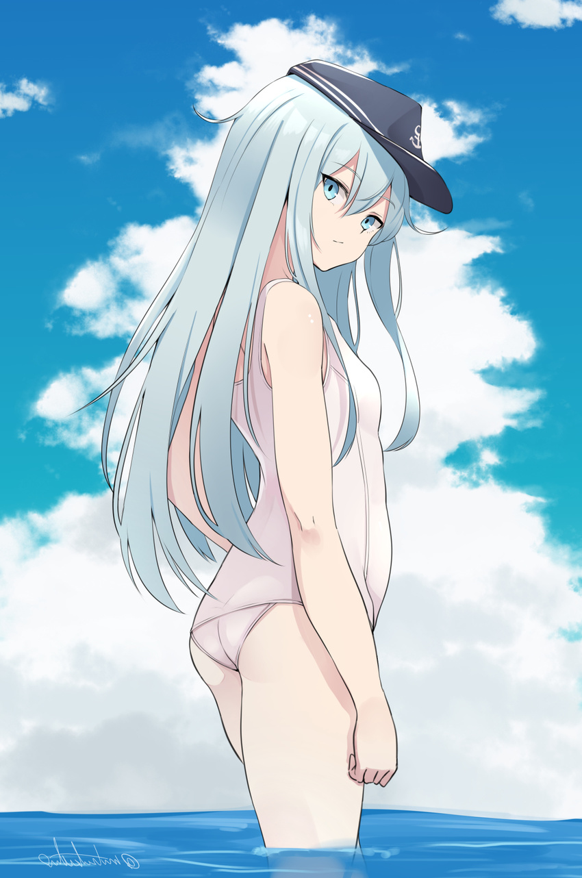 anchor_symbol bad_id bad_pixiv_id bare_arms black_hat blue_eyes blue_sky breasts closed_mouth cloud cloudy_sky day expressionless flat_cap hair_between_eyes hat hibiki_(kantai_collection) highres kantai_collection long_hair looking_at_viewer medium_breasts mitsukichi outdoors school_swimsuit silver_hair sky solo standing swimsuit twitter_username wading water white_school_swimsuit white_swimsuit