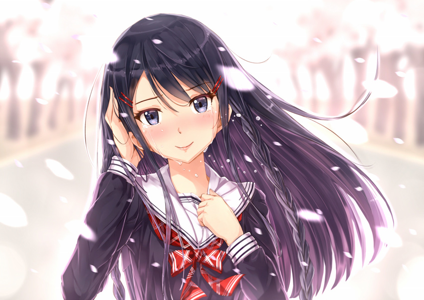 black_hair blue_eyes blurry blurry_background cherry_blossoms crying crying_with_eyes_open hair_ornament hairclip highres kazeno looking_at_viewer original petals school_uniform serafuku solo tears
