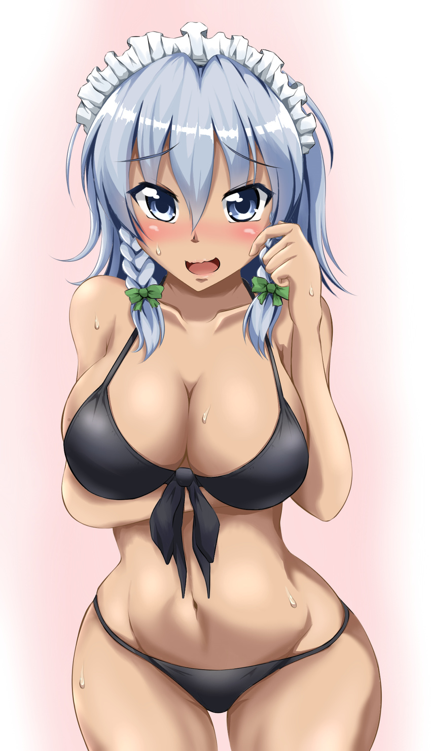bikini black_bikini blue_eyes blue_hair blush bow braid breast_hold breasts commentary_request cowboy_shot hair_bow hand_up highres izayoi_sakuya large_breasts looking_at_viewer maid_headdress masegohan open_mouth sweat sweatdrop swimsuit tan thighs touhou twin_braids wide_hips