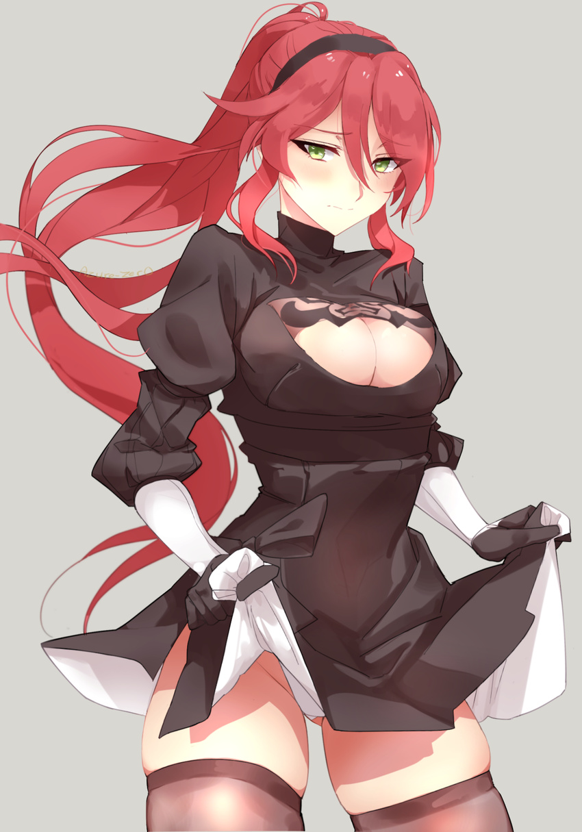 1girl azure-zer0 blush breasts center_opening cleavage cosplay dress dress_lift green_eyes grey_background groin hairband half-closed_eyes highleg highleg_leotard highres large_breasts leotard leotard_under_clothes long_hair nier_(series) nier_automata ponytail puffy_sleeves pyrrha_nikos red_hair ribbed_dress rwby simple_background skirt solo thighhighs thighs turtleneck vambraces yorha_no._2_type_b yorha_no._2_type_b_(cosplay)