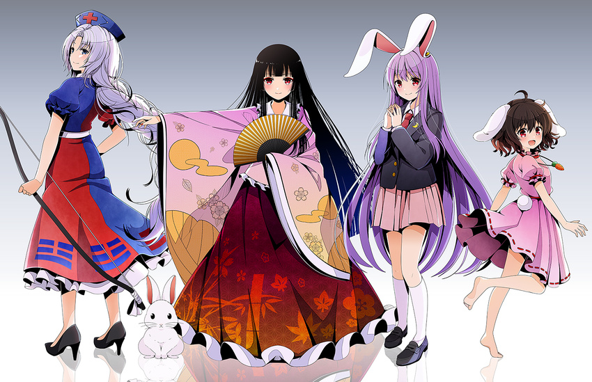 ahoge animal_ears bangs banned_artist barefoot black_footwear black_hair blazer blue_eyes blue_skirt bow_(weapon) braid bunny bunny_ears buttons carrot_necklace closed_mouth crescent dress error fan folding_fan full_body gradient gradient_background grey_background hat high_heels hime_cut houraisan_kaguya inaba_tewi jacket japanese_clothes kimono kneehighs long_hair long_skirt long_sleeves looking_at_viewer miniskirt multicolored multicolored_clothes multicolored_skirt multiple_girls nail_polish necktie nurse_cap open_mouth outstretched_arm parted_lips pink_dress pink_skirt pleated_skirt puffy_short_sleeves puffy_sleeves purple_footwear purple_hair red_eyes red_neckwear red_skirt reisen_udongein_inaba shoes short_hair short_sleeves single_braid skirt smile standing touhou very_long_hair weapon white_hair white_legwear wide_sleeves wrong_feet yagokoro_eirin yuuka_nonoko