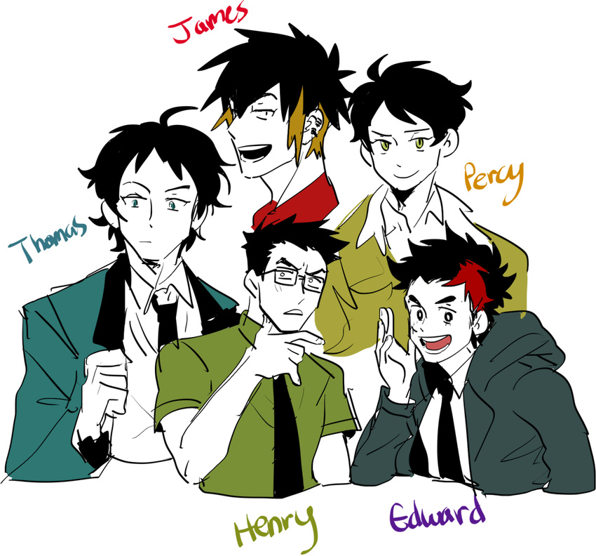 ahoge black_hair blazer character_name chin_stroking ear_piercing edward_the_blue_engine glasses henry_the_green_engine hood hoodie jacket james_the_red_engine kendy_(revolocities) male_focus multicolored_hair multiple_boys percy_the_small_engine personification piercing redesign school_uniform short_hair streaked_hair thomas_the_tank_engine thomas_the_tank_engine_(character) two-tone_hair upper_body