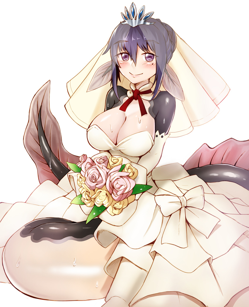 absurdres alternate_costume blush bouquet braid breasts bridal_veil cleavage commission crown_braid detached_collar dress eel_girl elbow_gloves eyebrows_visible_through_hair flower french_braid gloves hair_between_eyes hair_bun head_fins highres holding holding_bouquet large_breasts looking_at_viewer mermaid mole mole_under_eye monster_girl monster_girl_encyclopedia purple_eyes purple_hair simple_background smile solo sookmo tiara unagi_jorou_(monster_girl_encyclopedia) veil wedding_dress white_background white_dress white_gloves