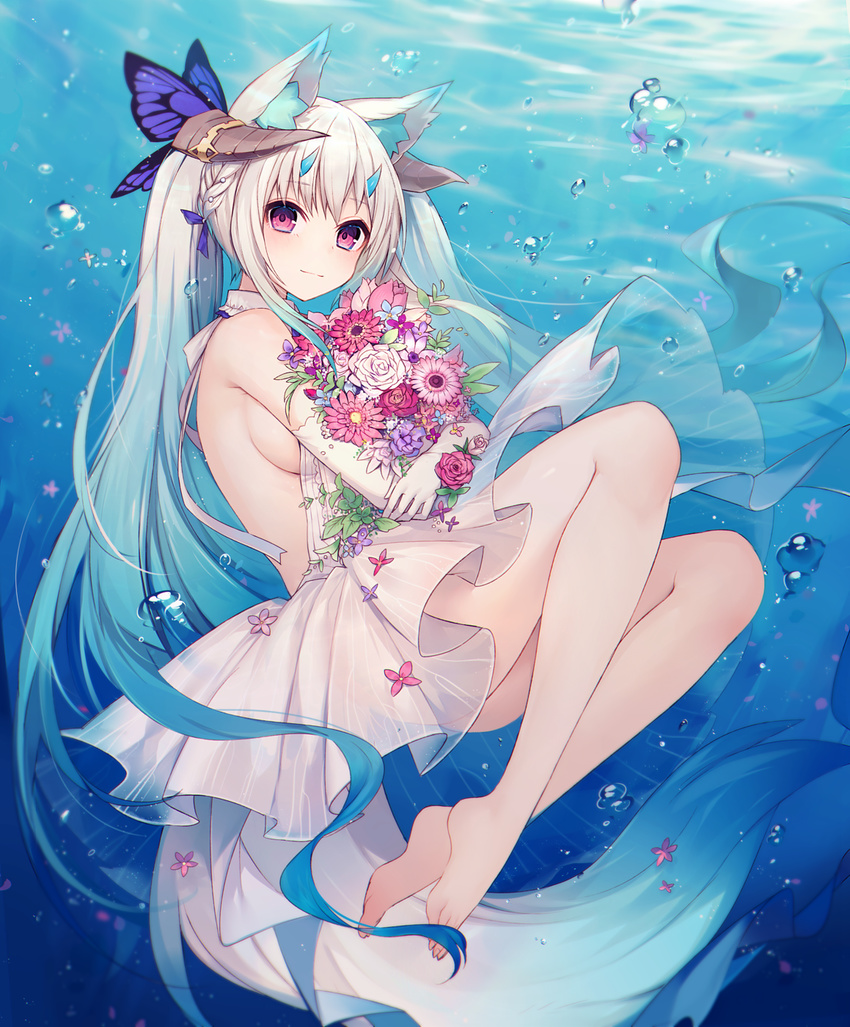 air_bubble animal_ears aqua_hair bare_legs bare_shoulders barefoot braid breasts bubble bug butterfly dress flower fox_ears fox_tail gradient_hair highres horns insect large_breasts long_hair multicolored_hair muryotaro original pink_eyes sideboob smile solo submerged tail underwater very_long_hair white_hair