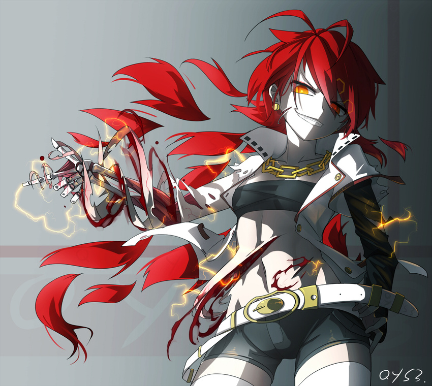 ahoge bai_yemeng bandeau blood bone chain coat earrings grin heterochromia jewelry long_hair looking_at_viewer magic midriff muscle navel original red_hair regeneration shorts skeleton smile solo standing strapless teeth thighhighs torn_clothes